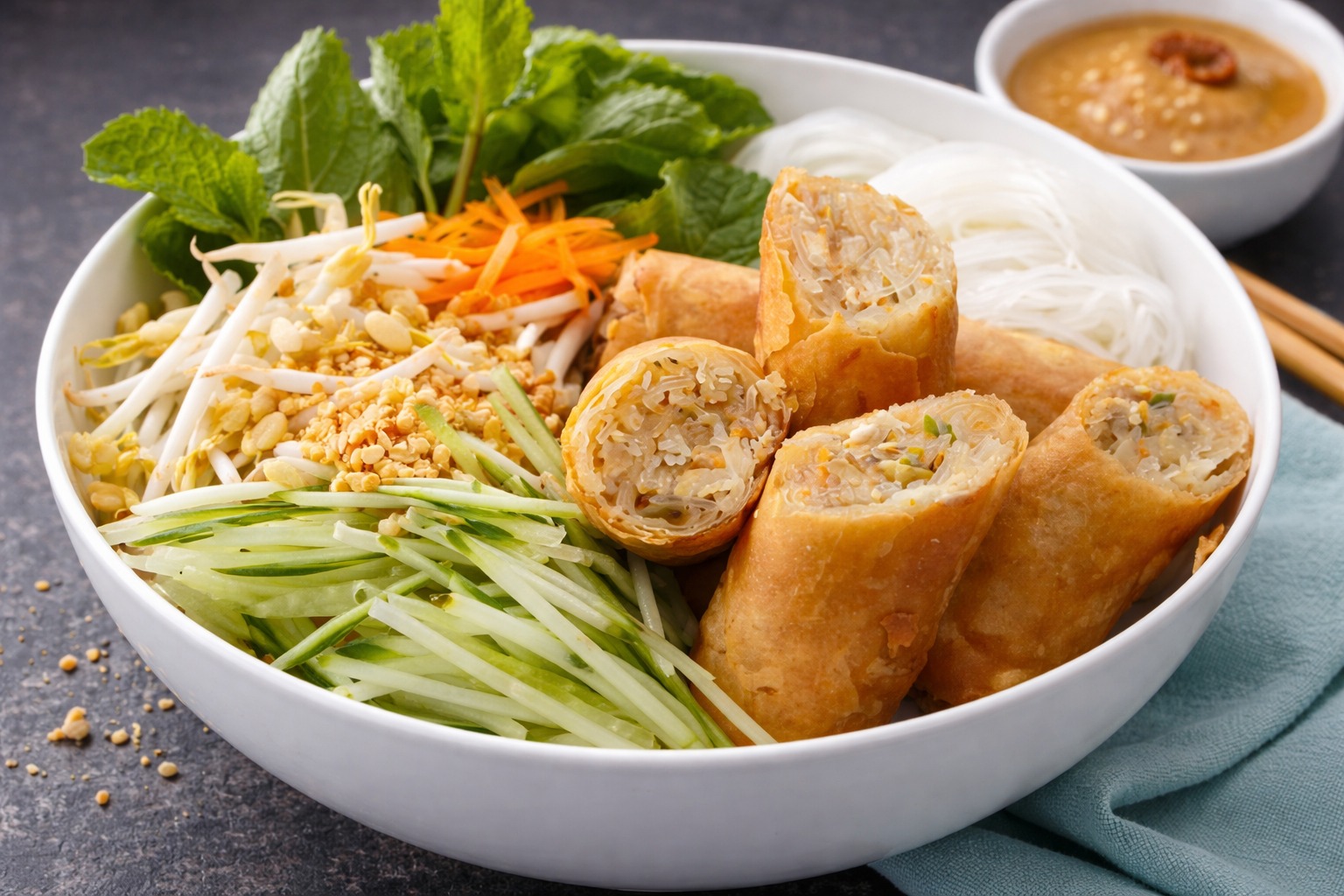 Vermicelli with Vegetarian Crispy Rolls & Fresh Vegetables
