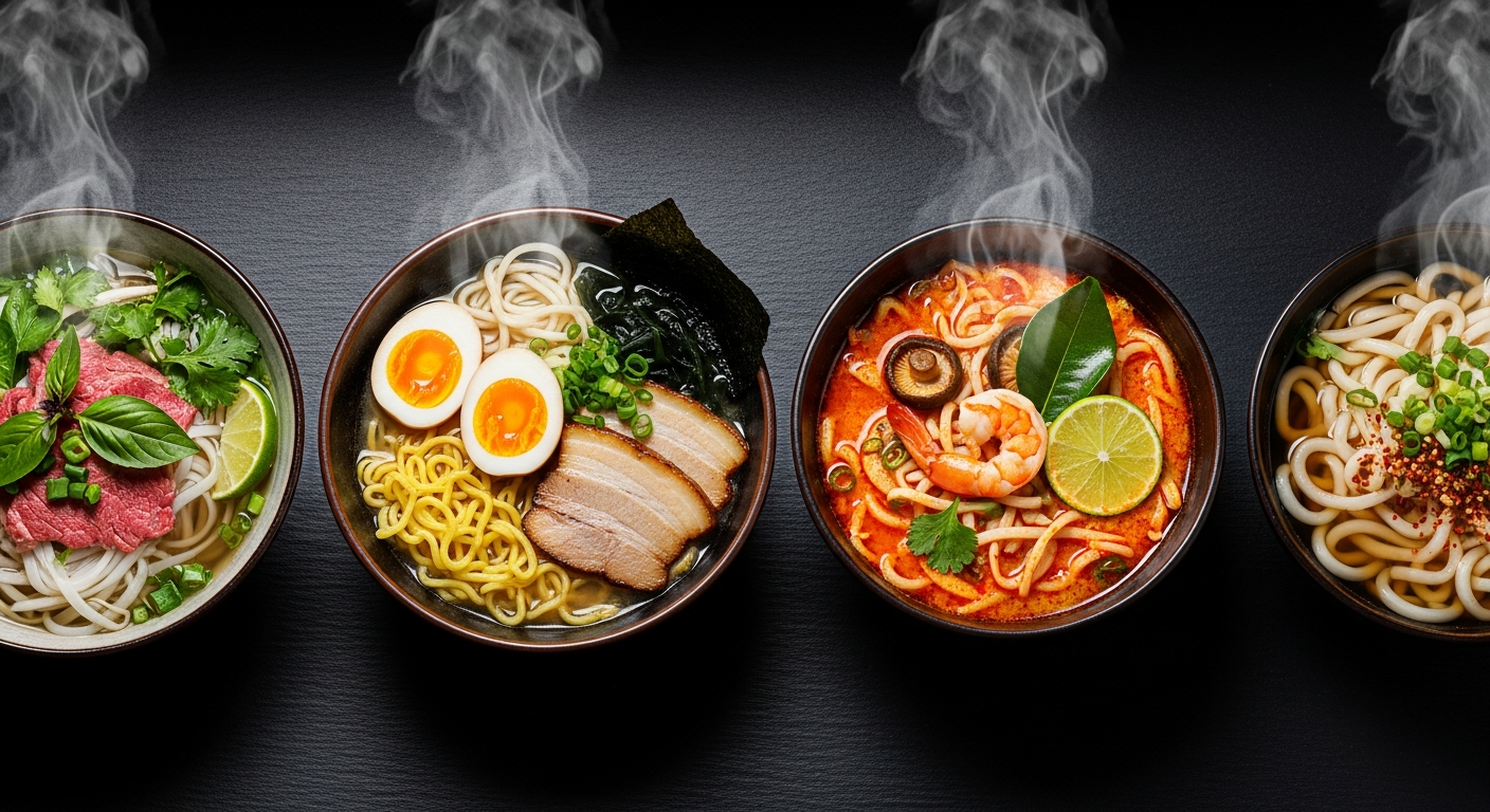 Asian noodle soups compared — pho, ramen, tom yum, udon side by side