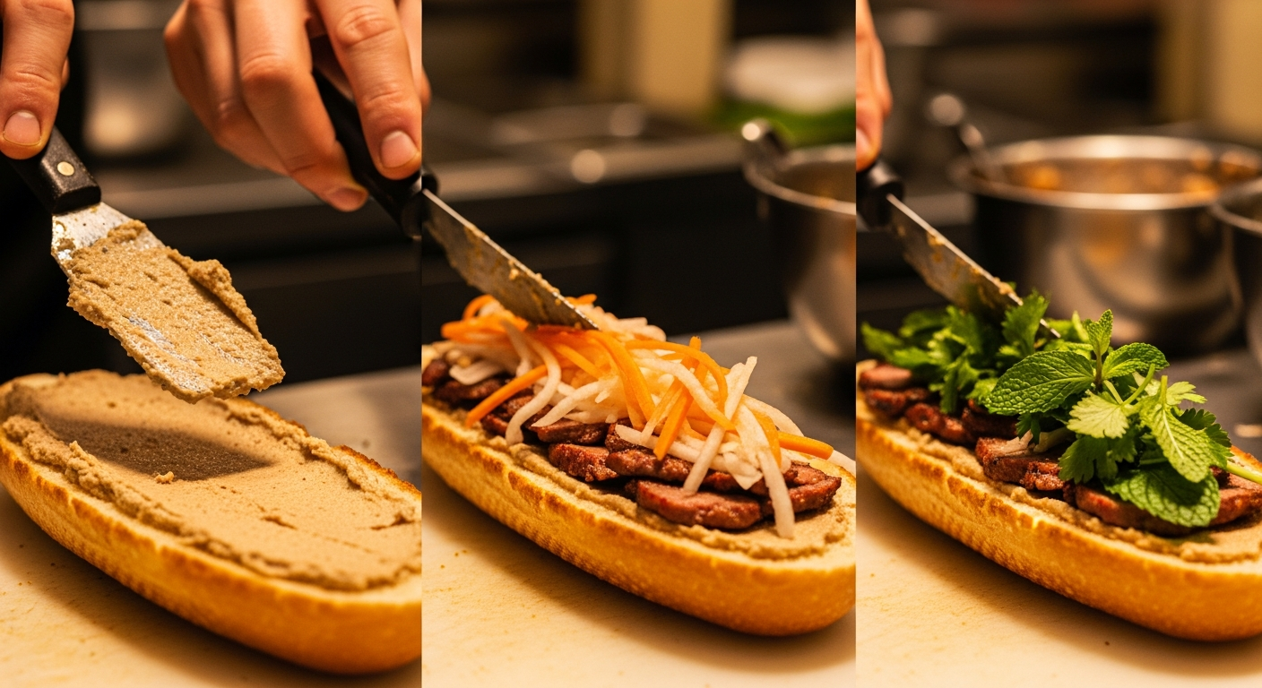 Step-by-step assembly of a Vietnamese banh mi sandwich