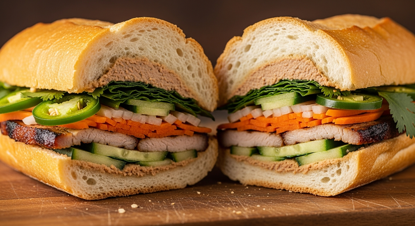 Close-up of a Vietnamese banh mi sandwich showing crispy baguette, pickled vegetables, and fresh herbs