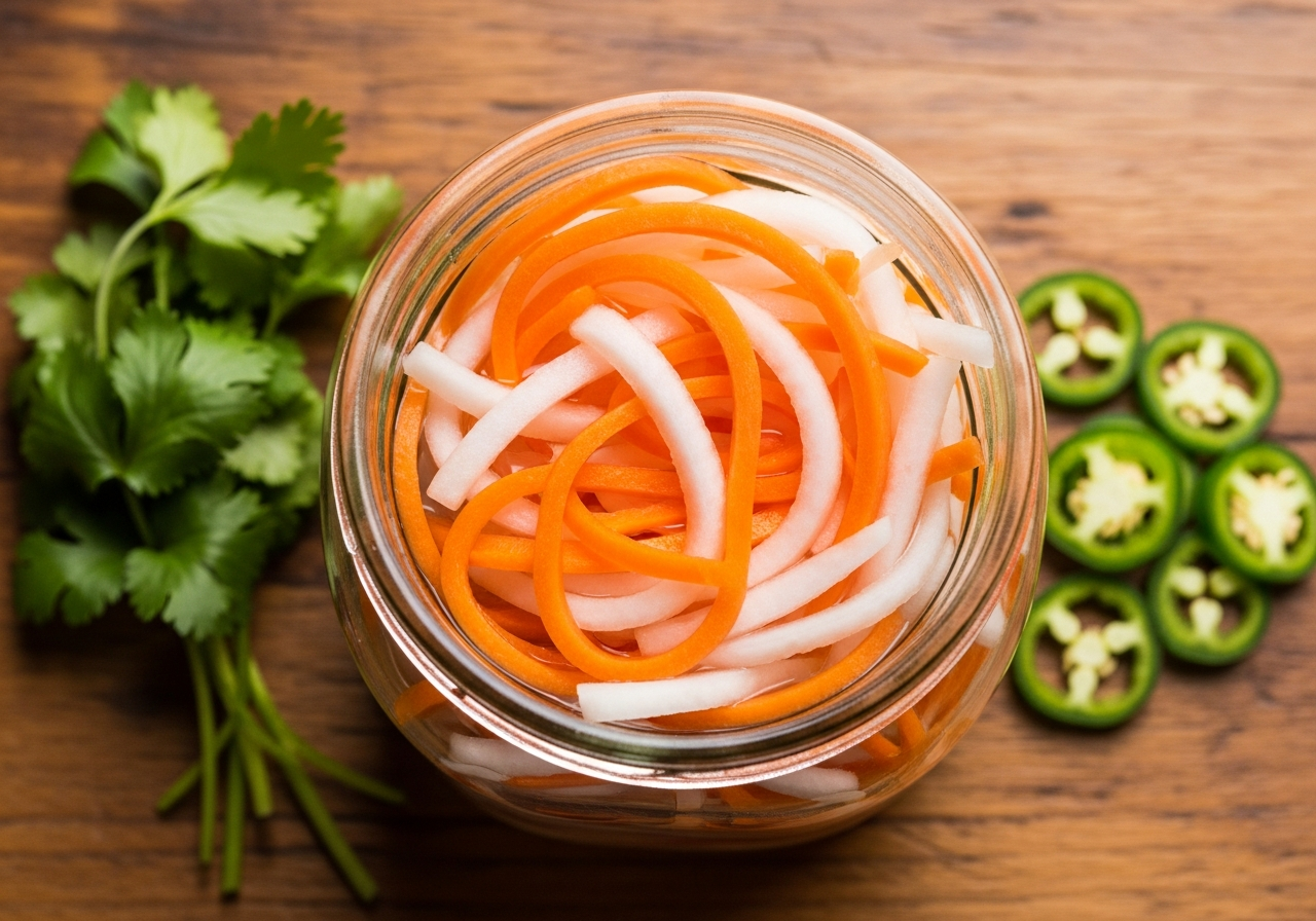 Vietnamese pickled daikon radish and carrots do chua for banh mi