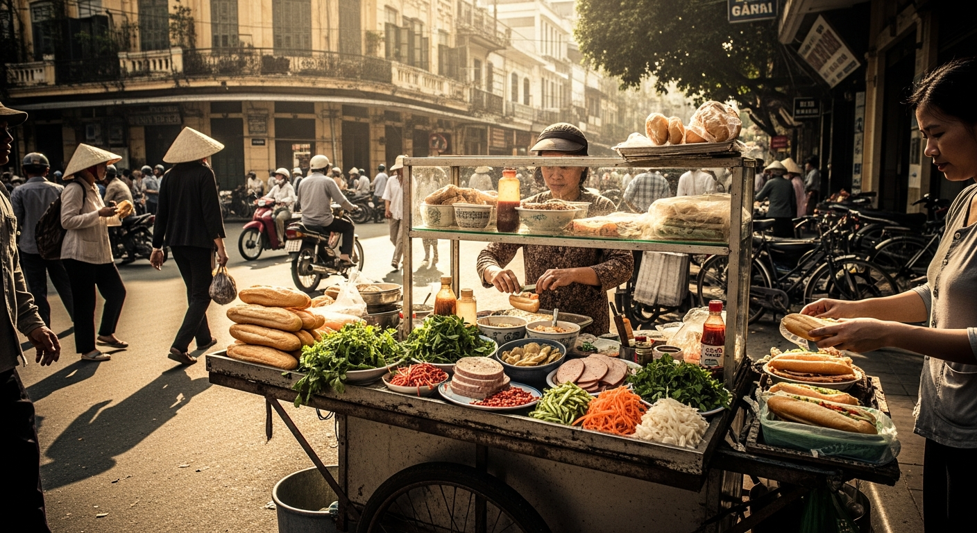 Historical Vietnamese banh mi street food cart in Saigon