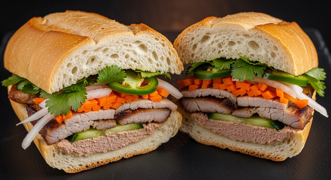 Authentic Vietnamese banh mi sandwich with crispy baguette, grilled pork, pickled vegetables, and fresh herbs at Pho By Night Ottawa