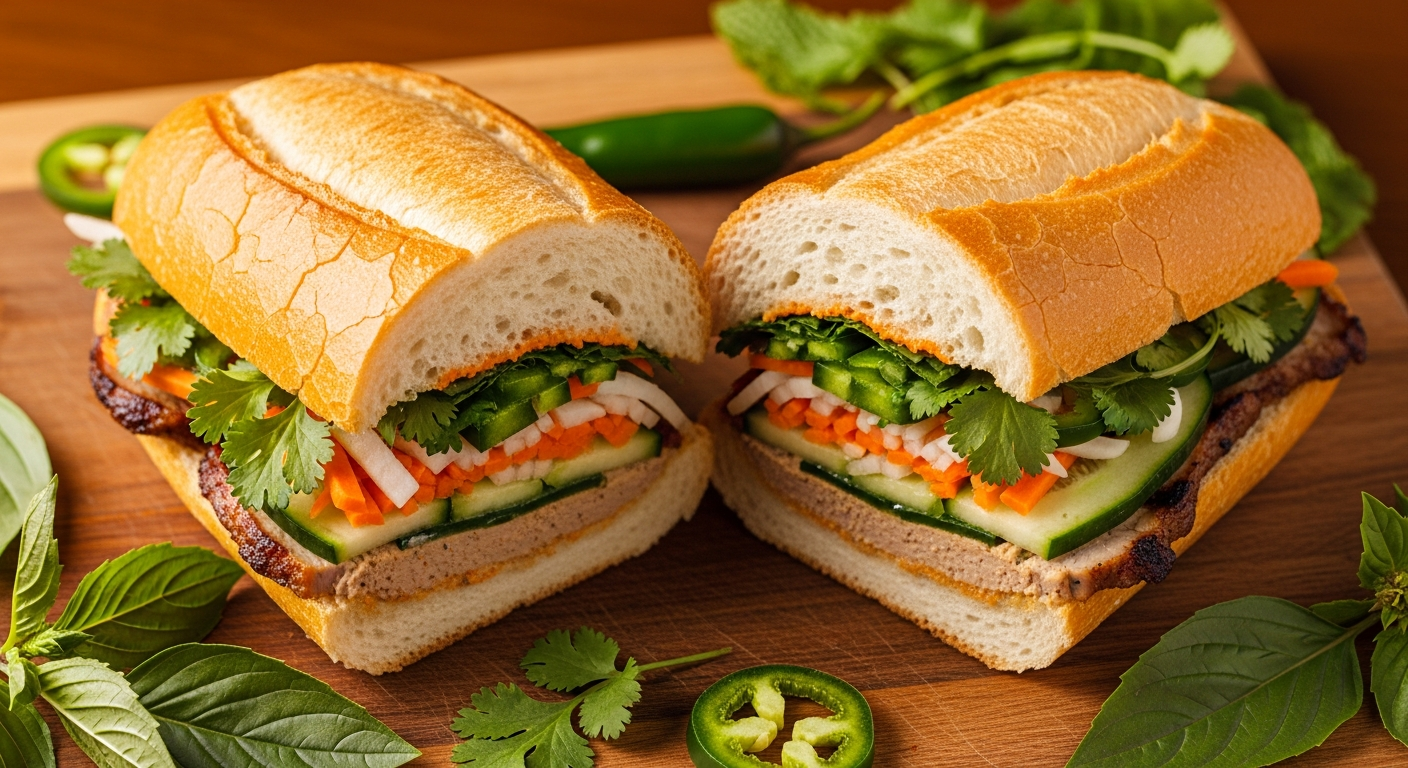 Vietnamese banh mi sandwich with crispy baguette, grilled lemongrass pork, pickled vegetables, fresh herbs at Pho By Night Ottawa