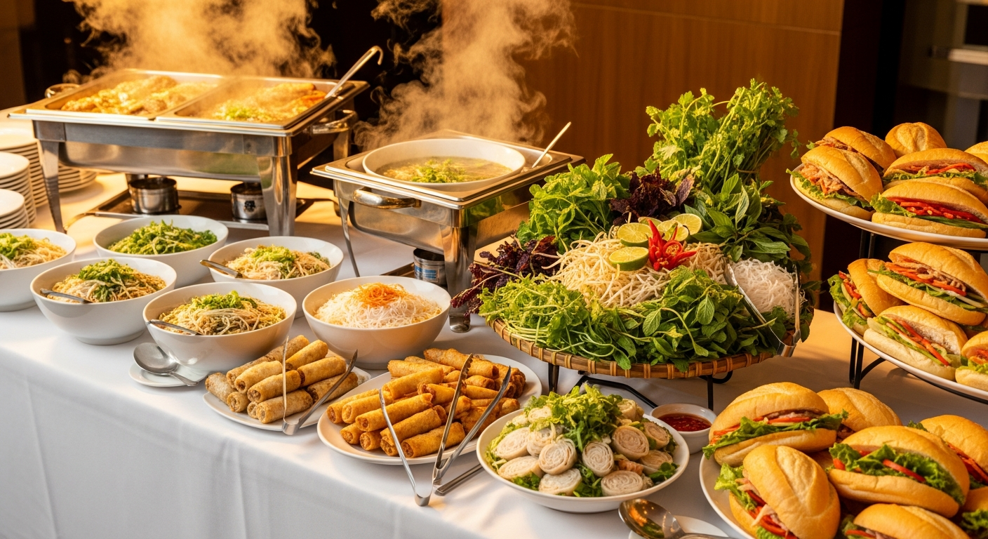 Professional Vietnamese catering service by Pho By Night Ottawa with vermicelli bowls, spring rolls, and fresh herbs buffet setup