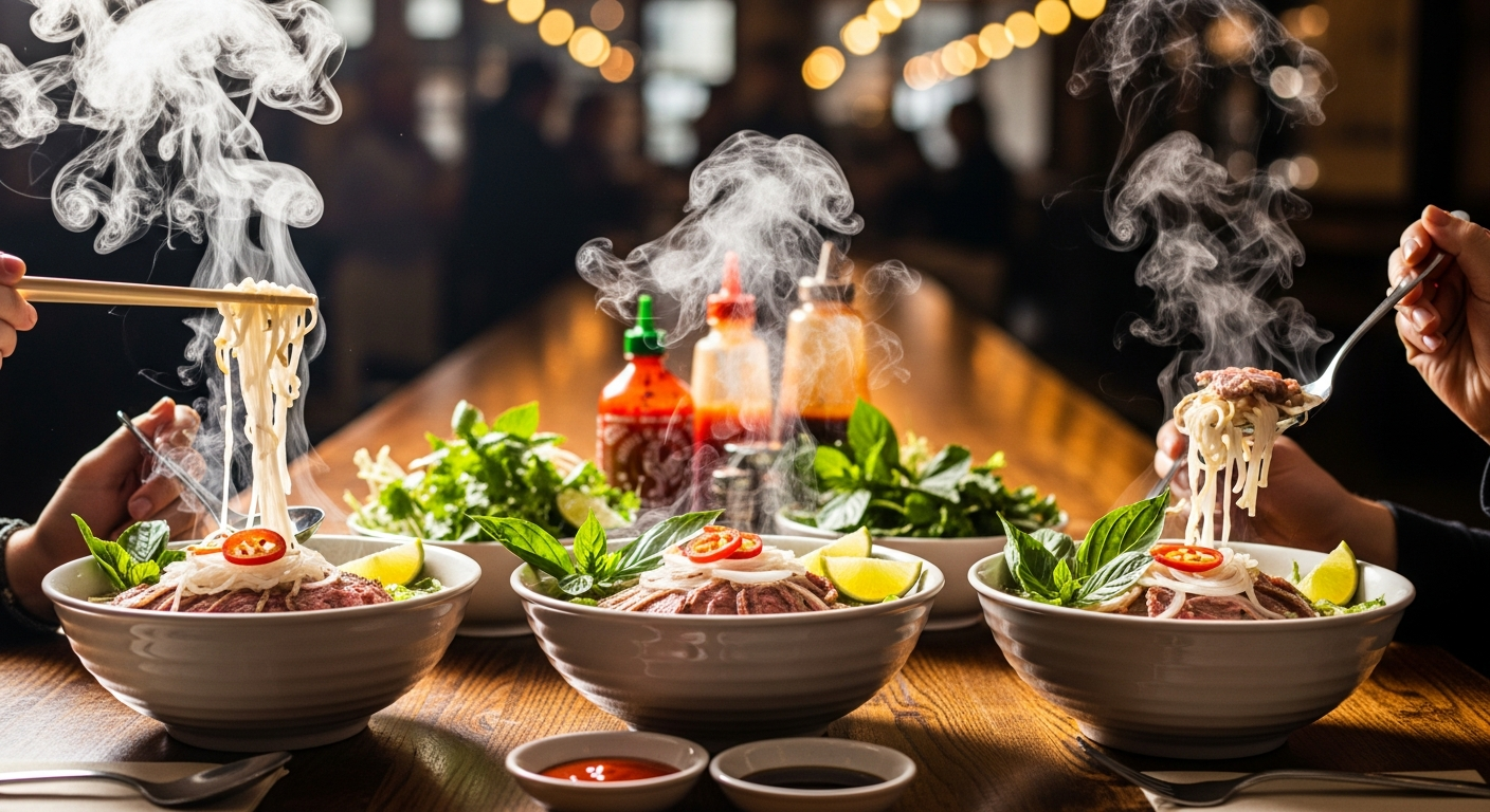 Best pho restaurants in Ottawa — three steaming bowls of Vietnamese pho on a communal table