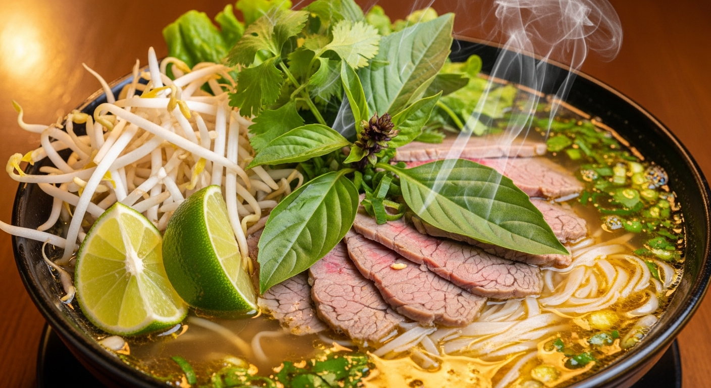 Steaming bowl of halal chicken pho with rice noodles, fresh herbs, bean sprouts, and lime at Pho By Night Ottawa