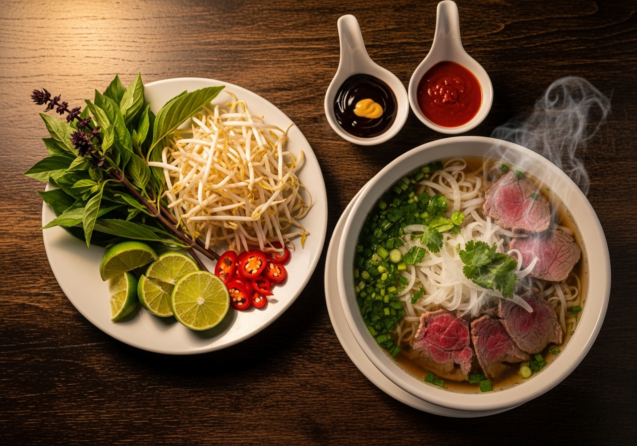 A Vietnamese pho garnish plate with Thai basil, bean sprouts, lime and chili next to bottles of hoisin and sriracha