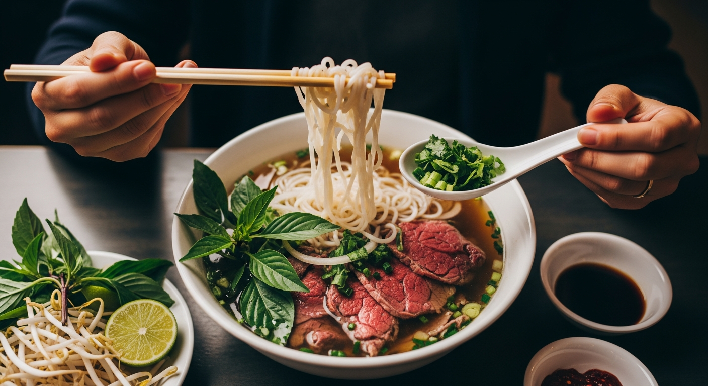 How to eat pho — a diner using chopsticks and a soup spoon to enjoy a steaming bowl of Vietnamese beef pho with fresh herbs