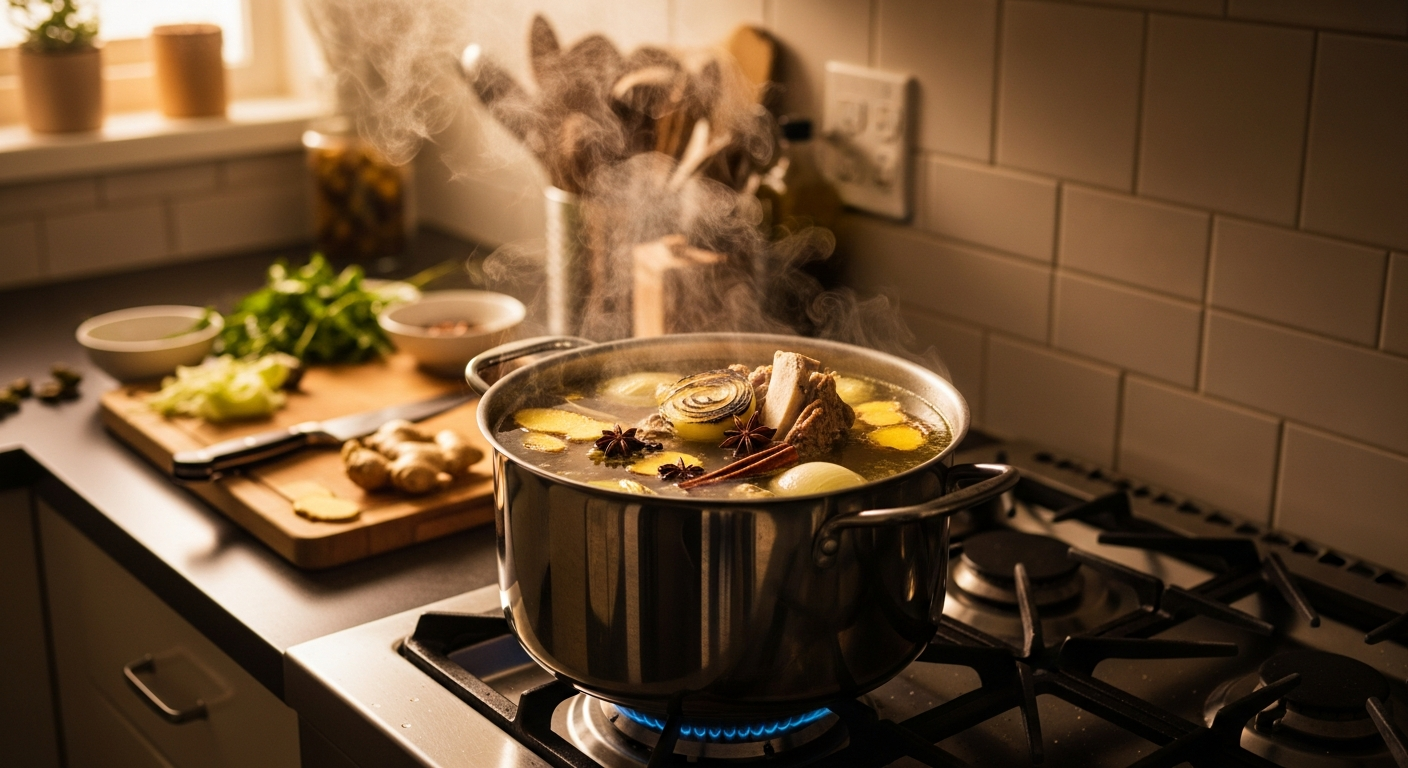 How to make pho at home — a large pot of golden Vietnamese beef bone broth simmering with charred ginger, onion, star anise and cinnamon