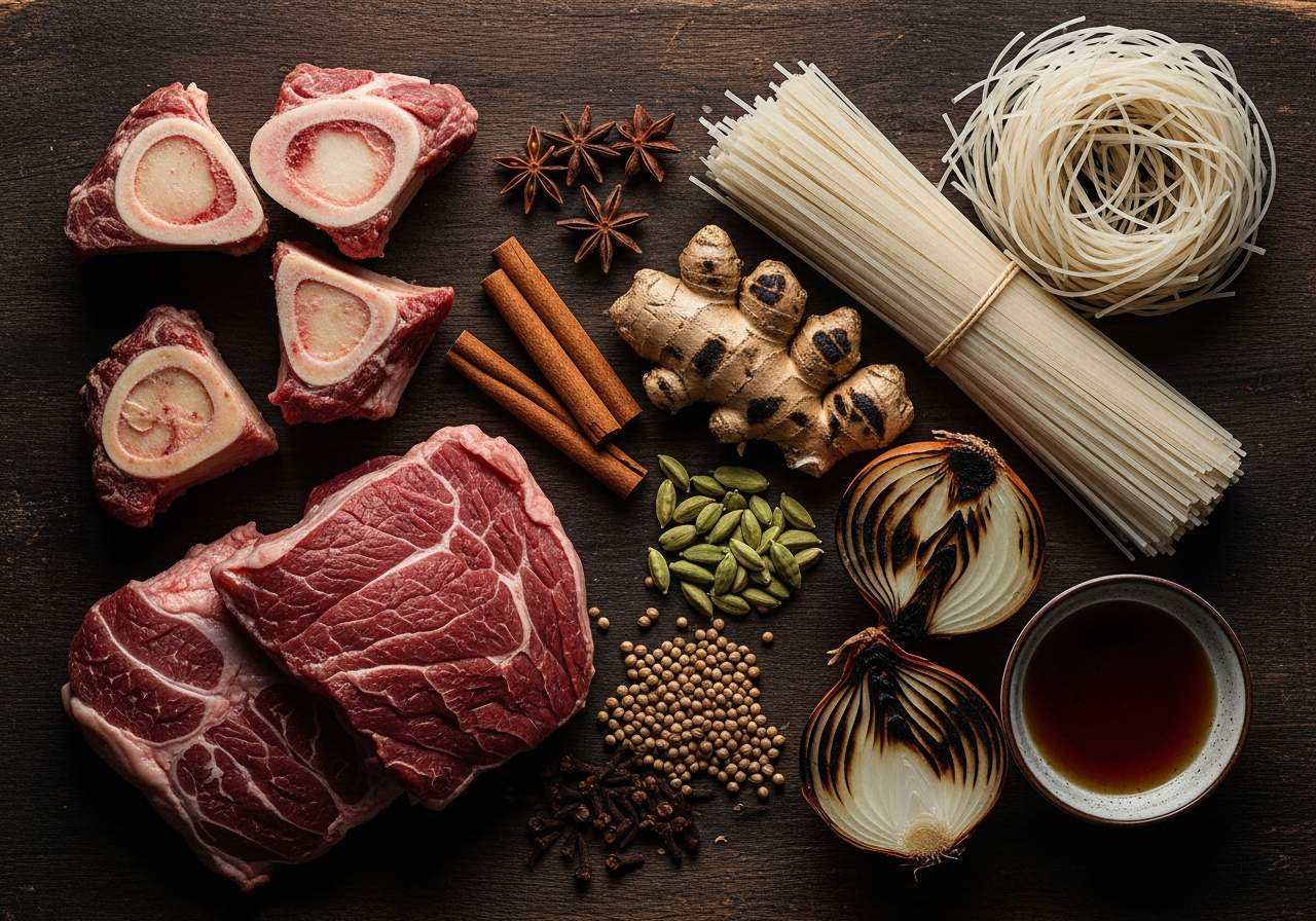 Raw pho ingredients laid out — beef bones, brisket, star anise, cinnamon, cardamom, cloves, charred ginger and onion, rice noodles and fish sauce