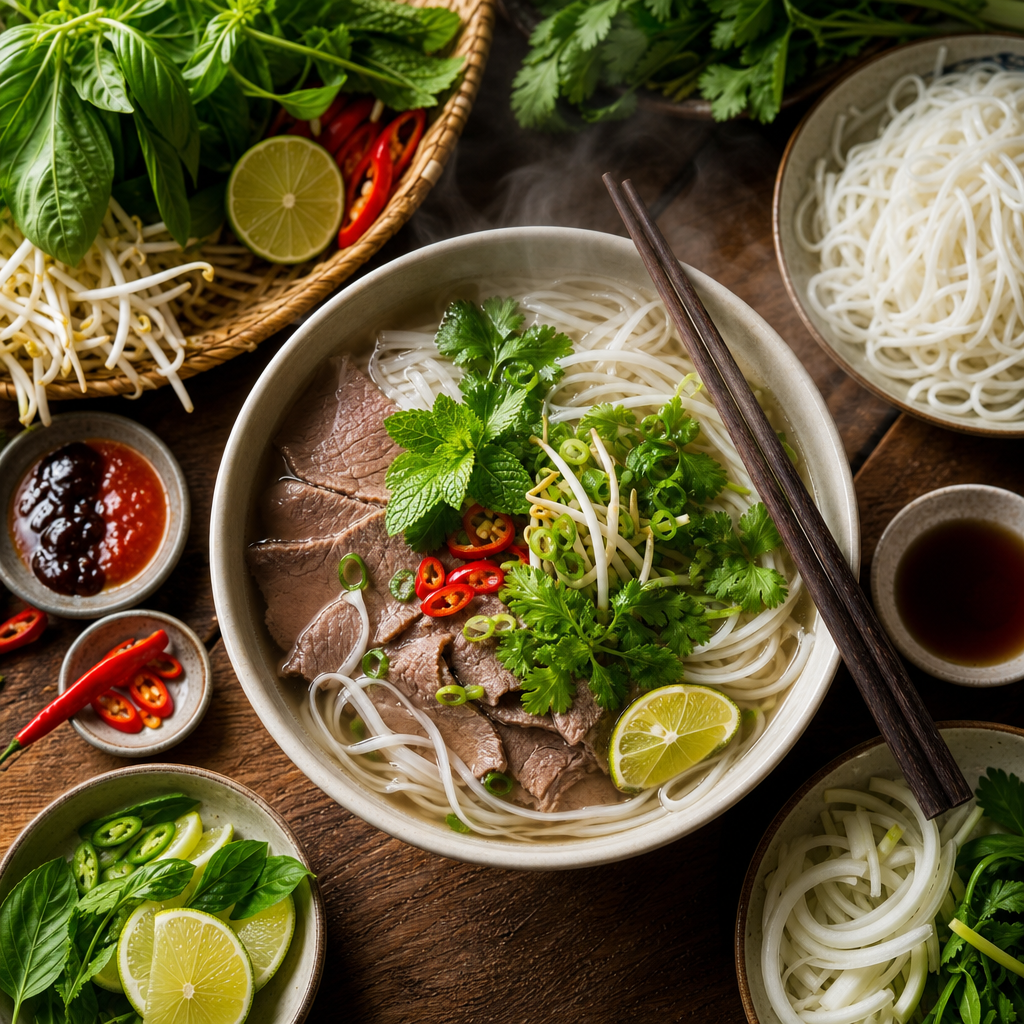 A bowl of Vietnamese pho with gluten-free rice noodles, sliced beef, fresh herbs, bean sprouts, and lime