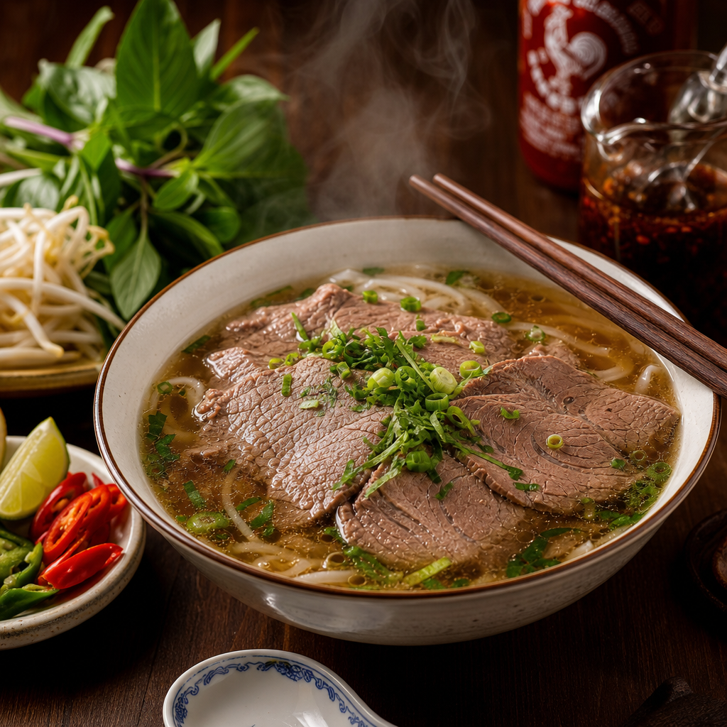 A steaming bowl of Vietnamese beef pho with fresh Thai basil, bean sprouts, lime, and rice noodles