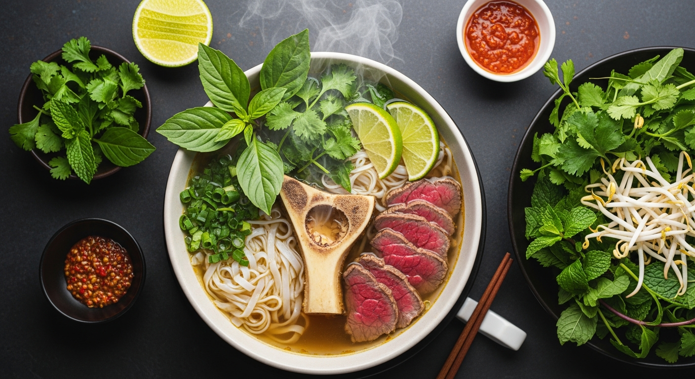 A beautifully arranged bowl of Vietnamese pho with fresh herbs, golden broth, and lean protein