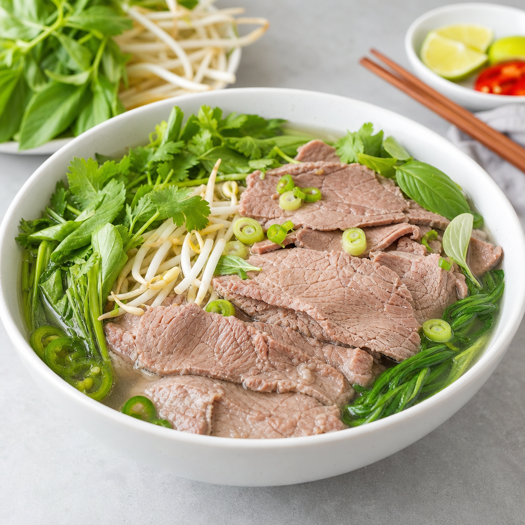 A bowl of Vietnamese pho with sliced beef, bean sprouts, fresh herbs, and lime — the broth and meat are naturally low in carbs