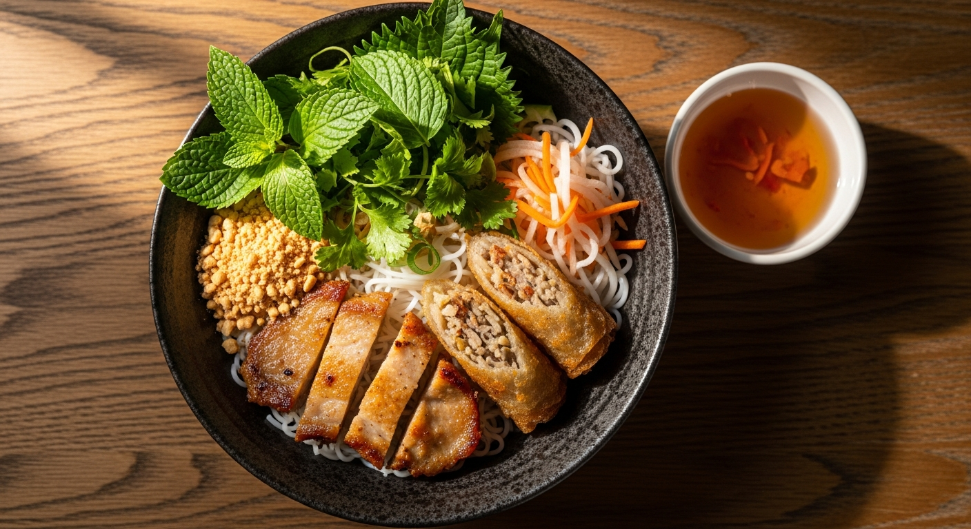 Vietnamese noodle bowls with vermicelli, grilled meats, and fresh herbs at Pho By Night Ottawa