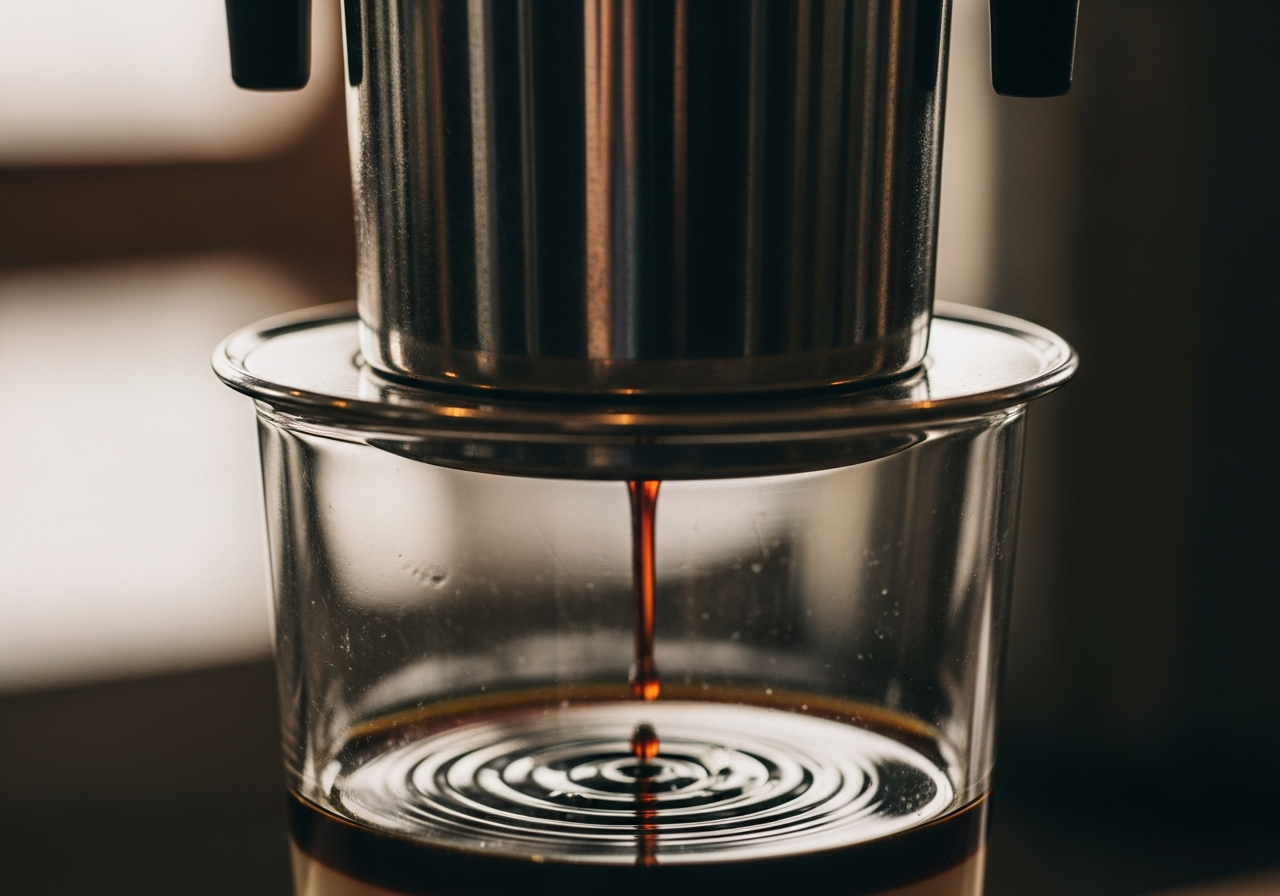 Vietnamese phin coffee filter brewing dark roast coffee over condensed milk