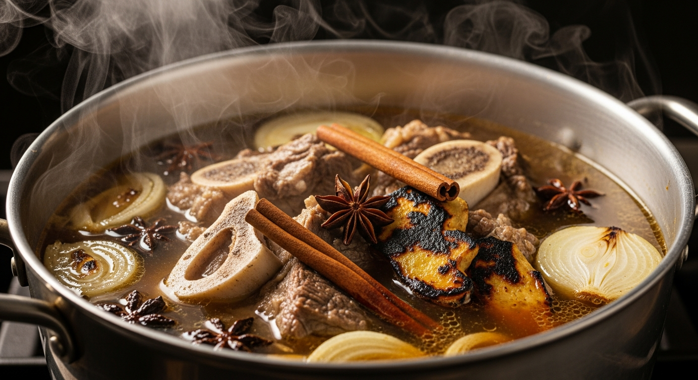 Pho broth simmering with beef bones, star anise, cinnamon, charred ginger and onion