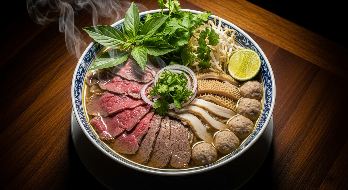 Pho dac biet — Vietnamese special combination pho with rare beef, brisket, tendon, tripe, and meatballs