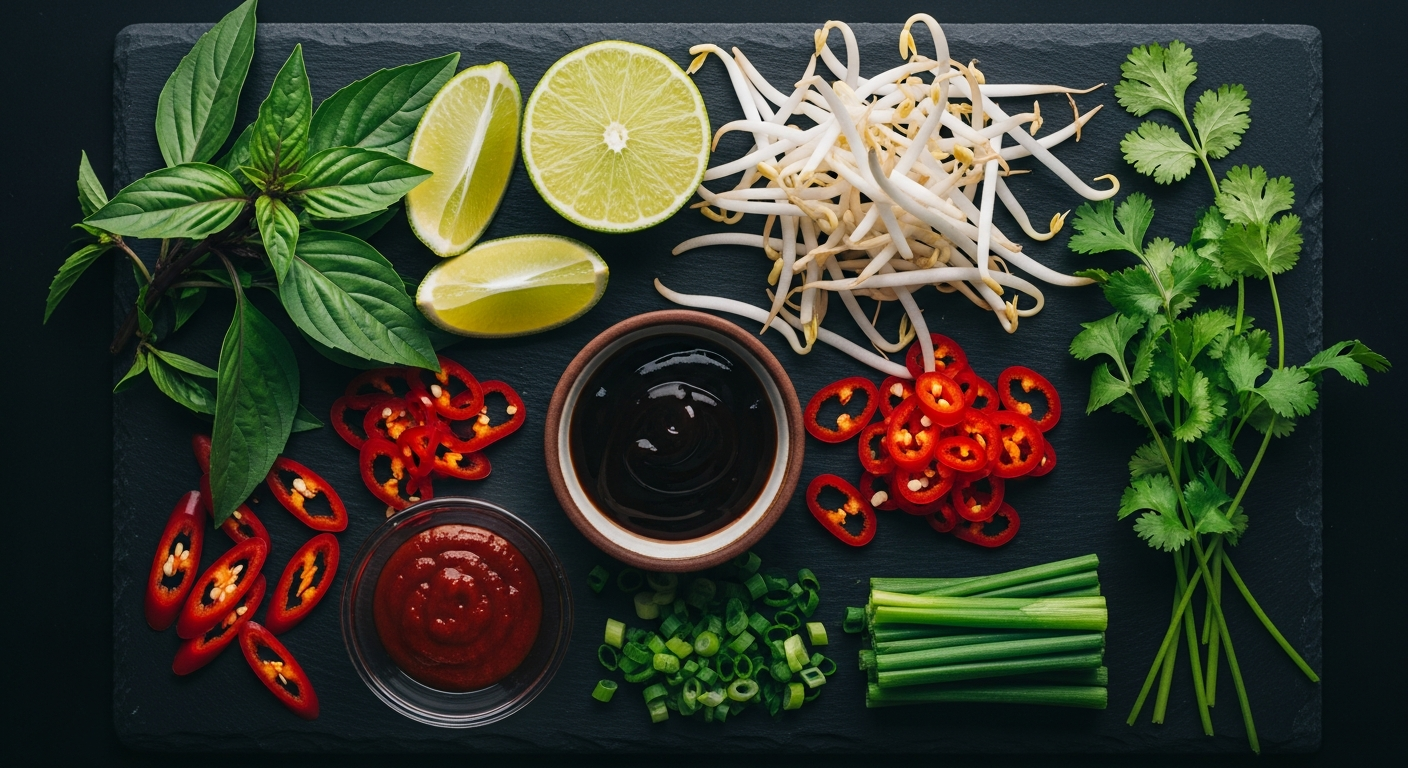 Fresh pho toppings and garnishes — Thai basil, bean sprouts, lime, chili, and cilantro arranged on a dark board