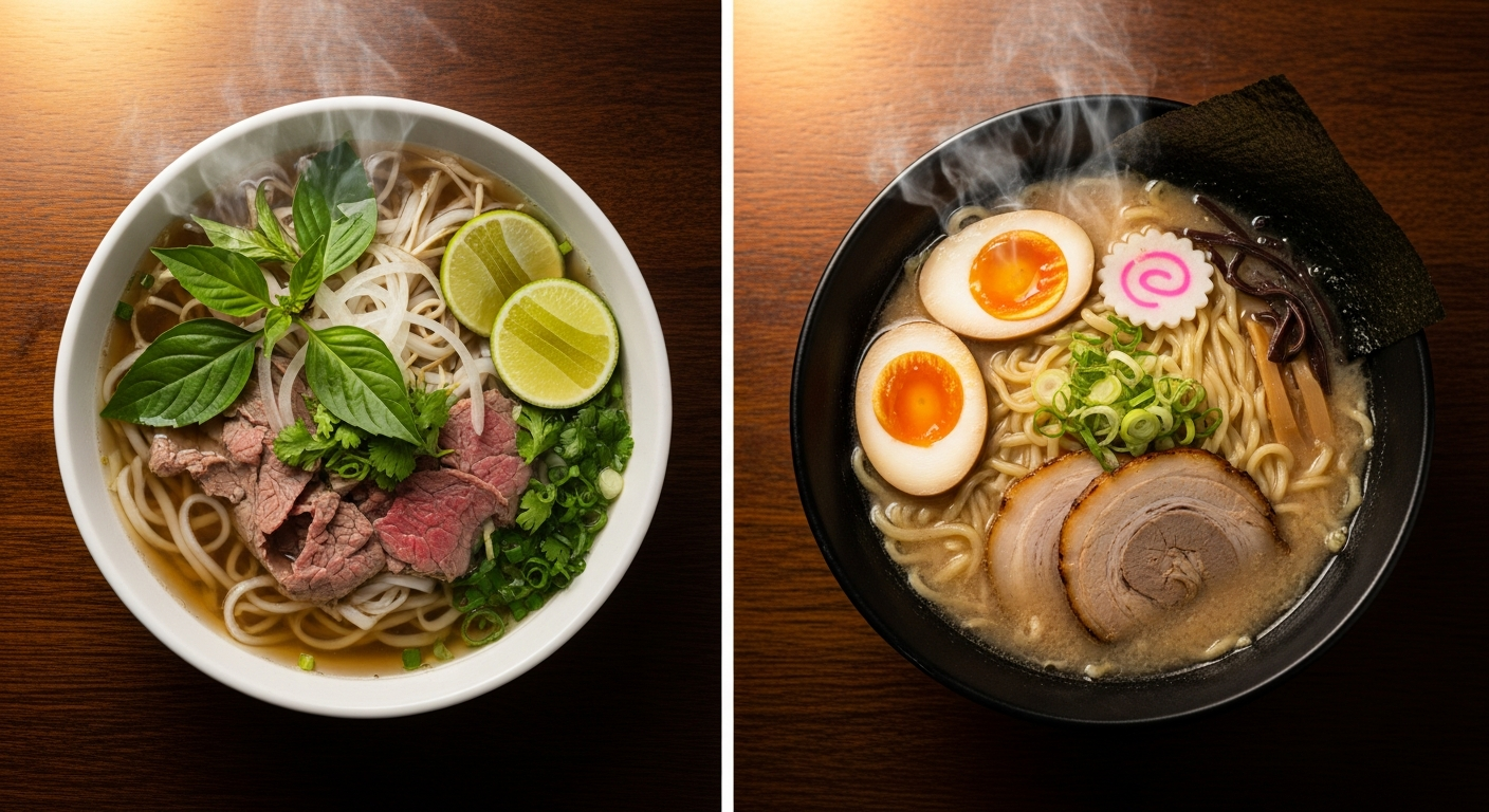 Pho vs ramen nutrition comparison — Vietnamese pho noodle soup and Japanese ramen side by side