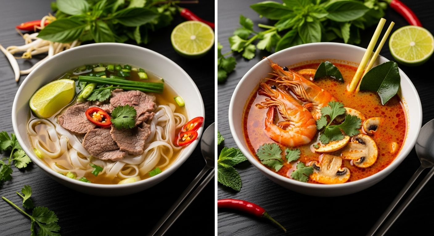 Vietnamese pho and Thai tom yum soup side by side — comparing two iconic Asian soups