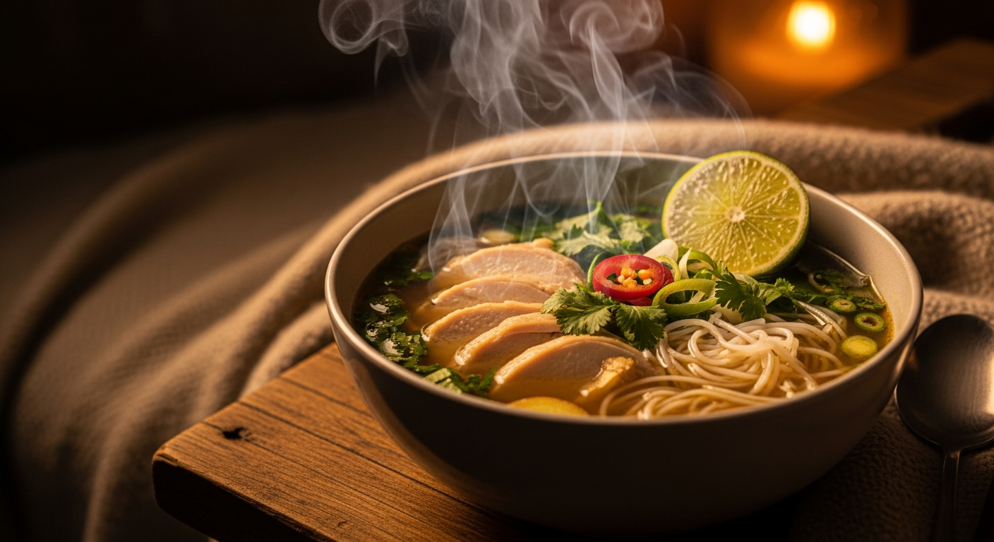 Steaming bowl of chicken pho — the ultimate comfort food when you are feeling sick