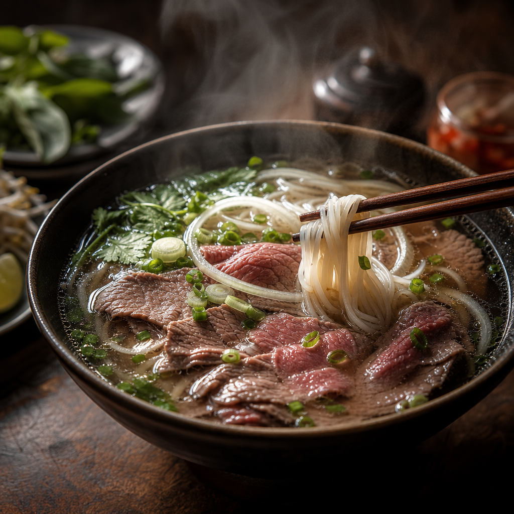 A bowl of Vietnamese pho tai with thin slices of rare beef, rice noodles, and steaming broth