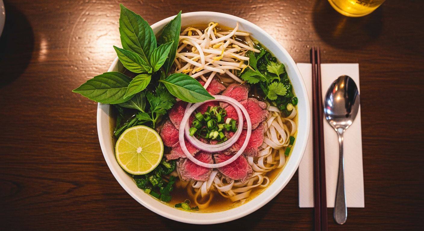 The ultimate guide to Vietnamese pho — steaming bowl with rare beef, fresh herbs, and aromatic broth
