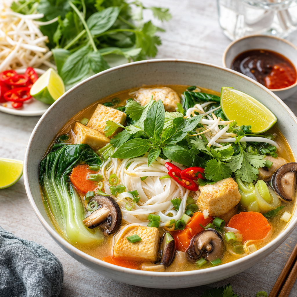 A steaming bowl of vegan pho chay with tofu, mushrooms, bok choy, fresh herbs, and rice noodles in a clear vegetable broth