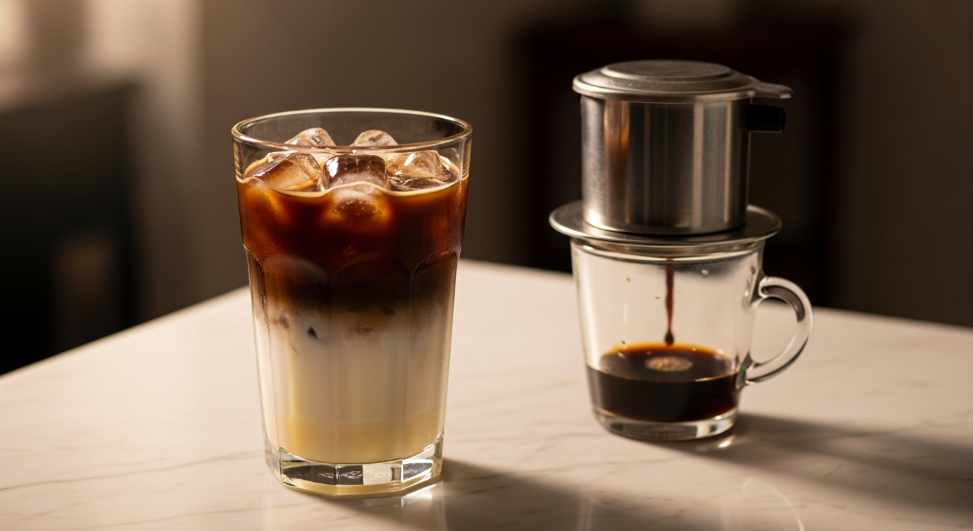 Vietnamese iced coffee ca phe sua da brewing through a traditional phin filter