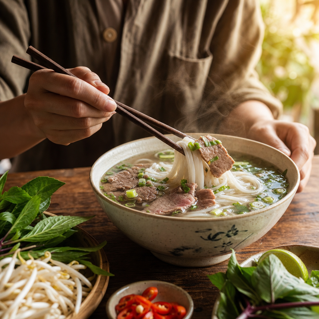 A steaming bowl of Vietnamese pho showing clear aromatic broth, rice noodles, sliced beef, and fresh herbs