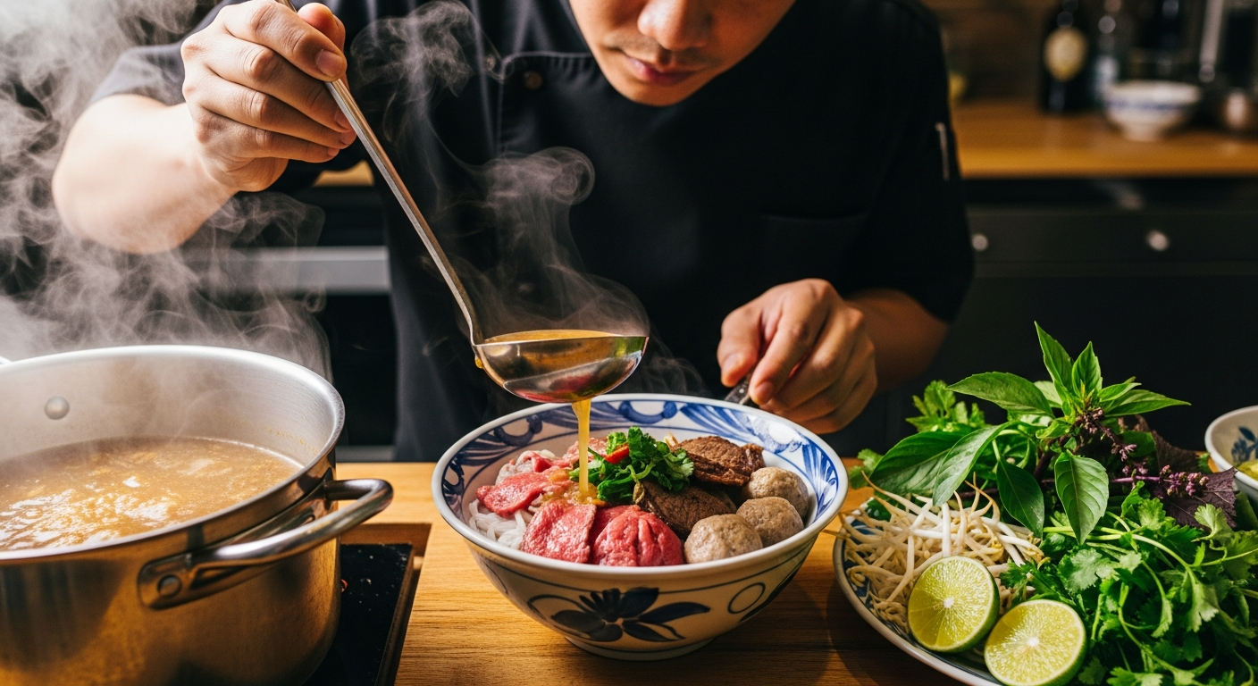 Authentic Vietnamese pho broth simmering with beef bones and spices — the real cost behind a bowl of pho